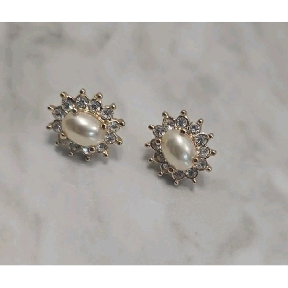Vintage Gold Tone Roman Faux Pearl & Rhinestone Pierced Earrings Elegant No Back